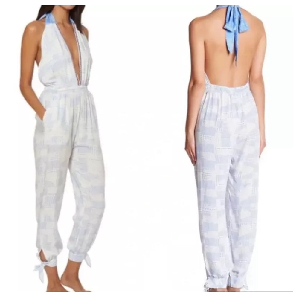 Dolce Vita Backless Jumpsuit Halter Neck Allover Print Skinny Leg Blue White M